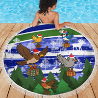 Gambia Christmas Beach Blanket with Santa Birds Gift Boxes Forest Scene and Snowflake Pattern Design - Wonder Print Shop