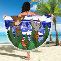 Gambia Christmas Beach Blanket with Santa Birds Gift Boxes Forest Scene and Snowflake Pattern Design - Wonder Print Shop