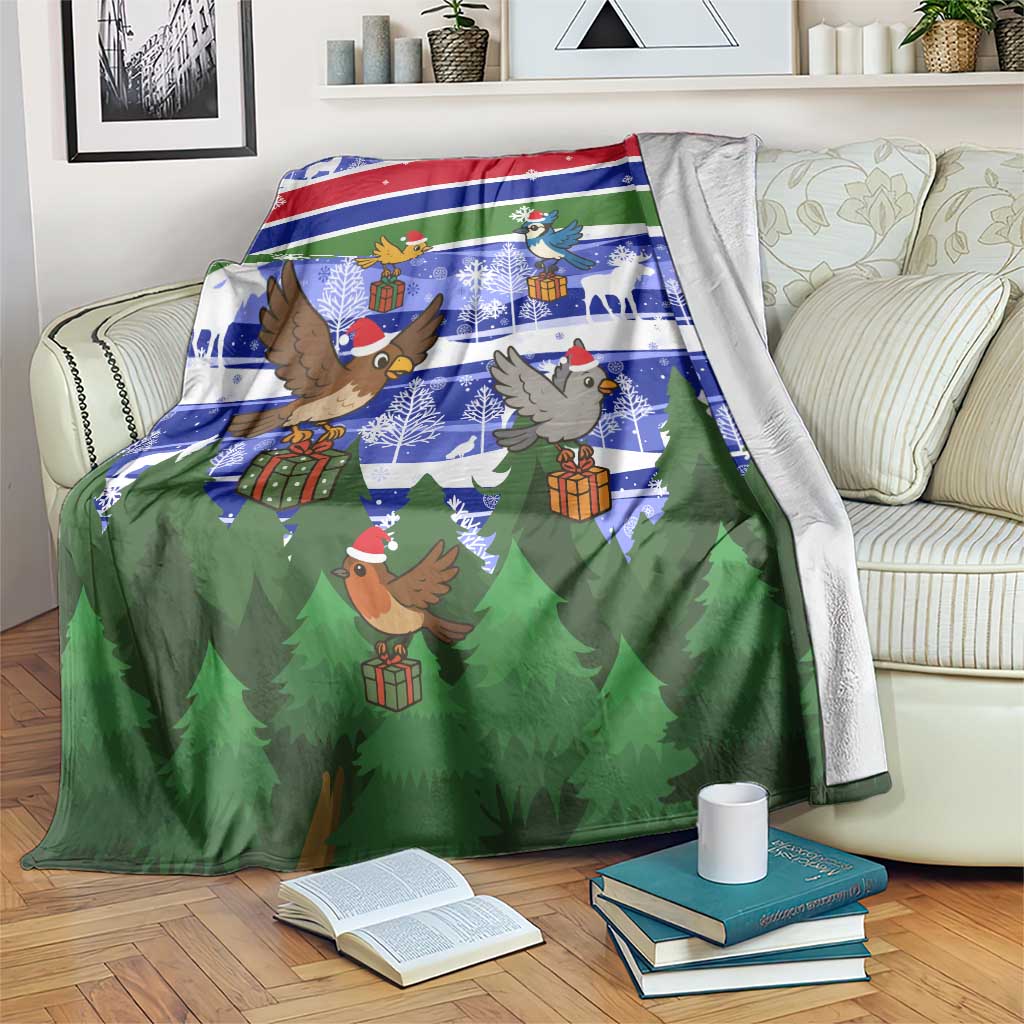 Gambia Christmas Blanket with Santa Birds Gift Boxes Forest Scene and Snowflake Pattern Design - Wonder Print Shop