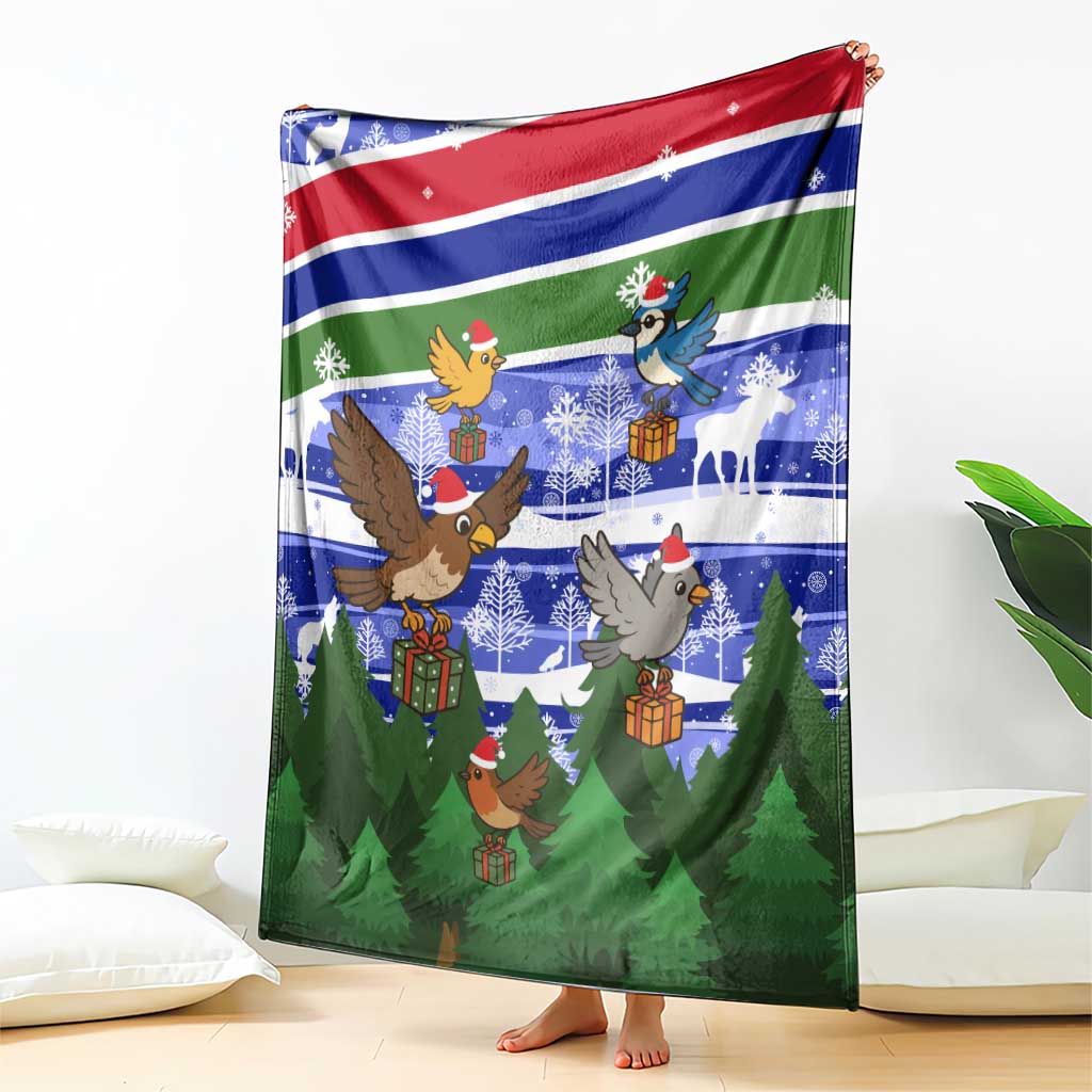 Gambia Christmas Blanket with Santa Birds Gift Boxes Forest Scene and Snowflake Pattern Design - Wonder Print Shop