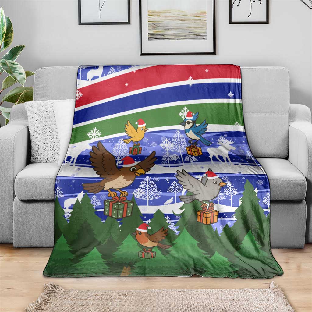 Gambia Christmas Blanket with Santa Birds Gift Boxes Forest Scene and Snowflake Pattern Design - Wonder Print Shop