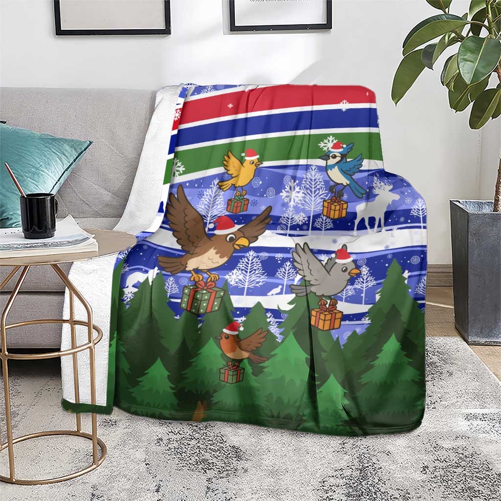 Gambia Christmas Blanket with Santa Birds Gift Boxes Forest Scene and Snowflake Pattern Design - Wonder Print Shop