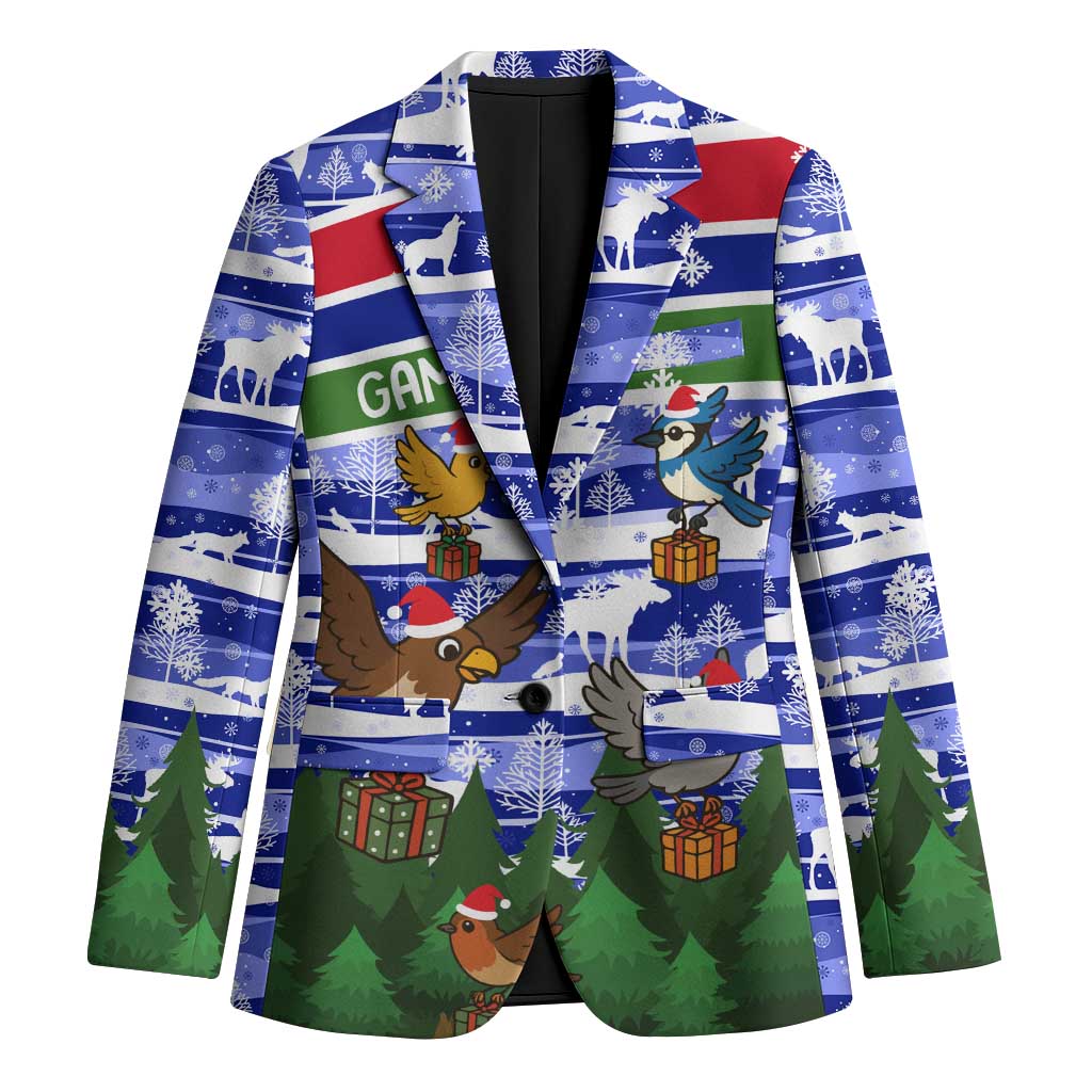 Gambia Christmas Blazer with Santa Birds Gift Boxes Forest Scene and Snowflake Pattern Design - Wonder Print Shop