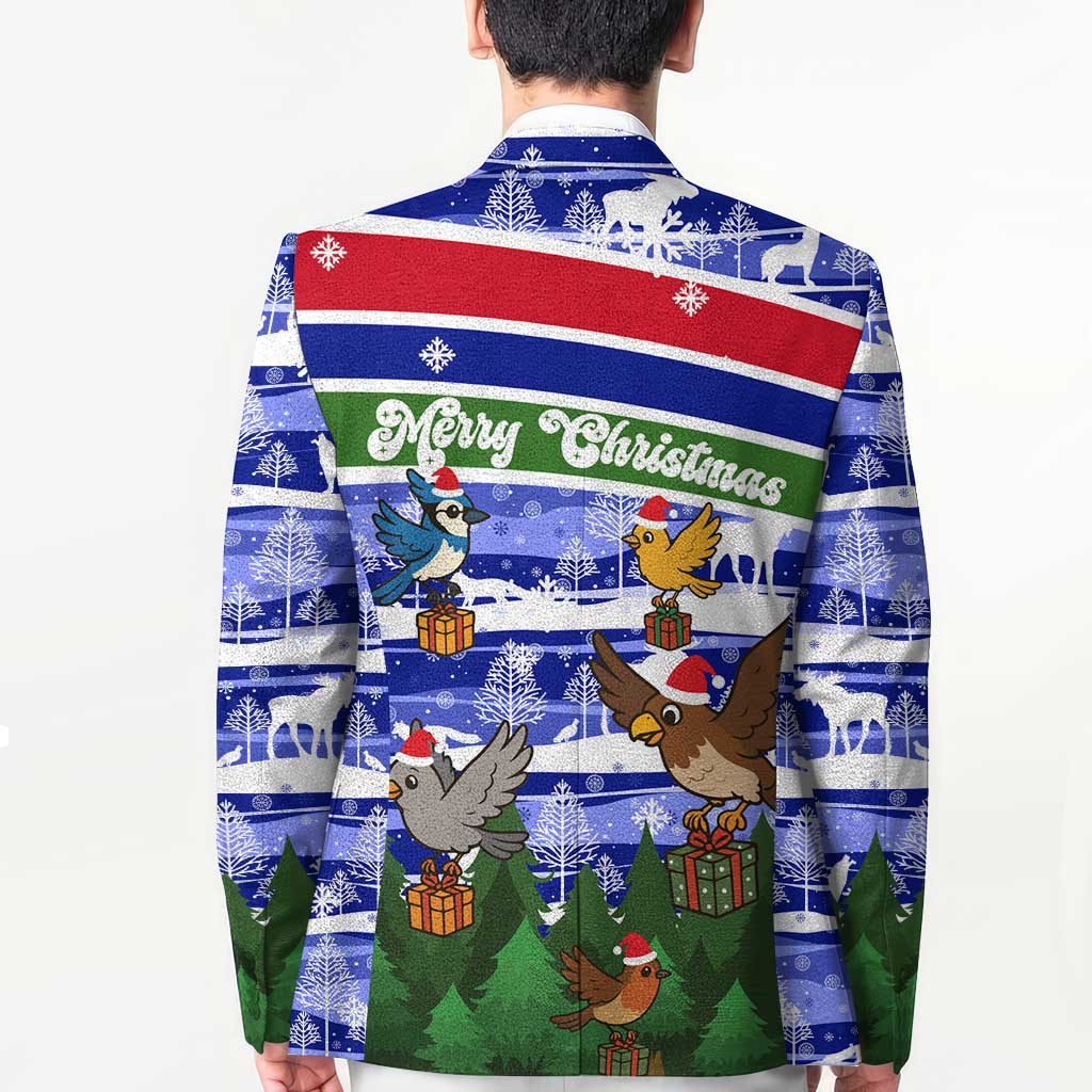 Gambia Christmas Blazer with Santa Birds Gift Boxes Forest Scene and Snowflake Pattern Design - Wonder Print Shop