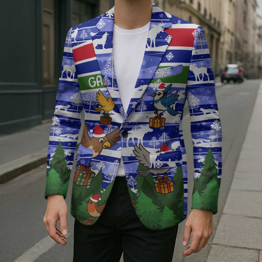 Gambia Christmas Blazer with Santa Birds Gift Boxes Forest Scene and Snowflake Pattern Design - Wonder Print Shop