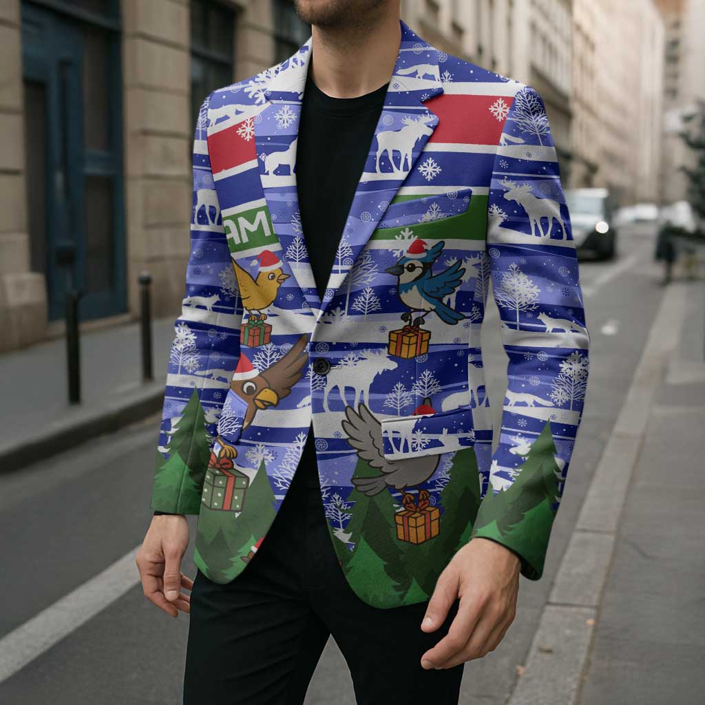 Gambia Christmas Blazer with Santa Birds Gift Boxes Forest Scene and Snowflake Pattern Design - Wonder Print Shop