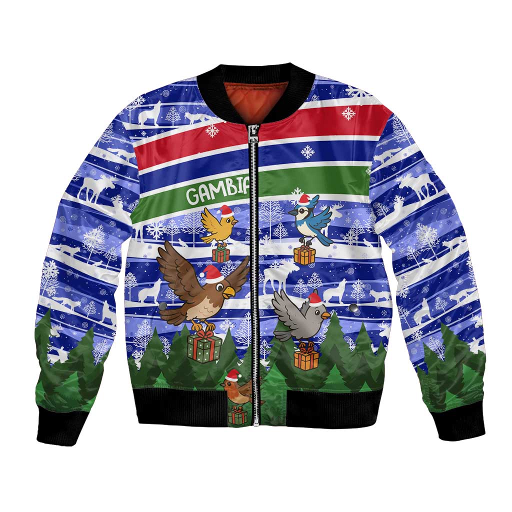 Gambia Christmas Bomber Jacket with Santa Birds Gift Boxes Forest Scene and Snowflake Pattern Design - Wonder Print Shop