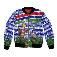 Gambia Christmas Bomber Jacket with Santa Birds Gift Boxes Forest Scene and Snowflake Pattern Design - Wonder Print Shop