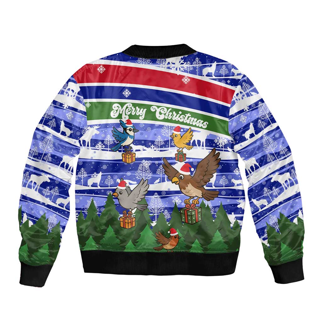 Gambia Christmas Bomber Jacket with Santa Birds Gift Boxes Forest Scene and Snowflake Pattern Design - Wonder Print Shop