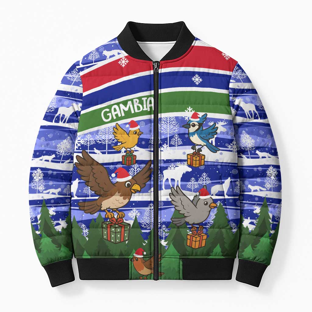 Gambia Christmas Bomber Puffer Jacket with Santa Birds Gift Boxes Forest Scene and Snowflake Pattern Design - Wonder Print Shop
