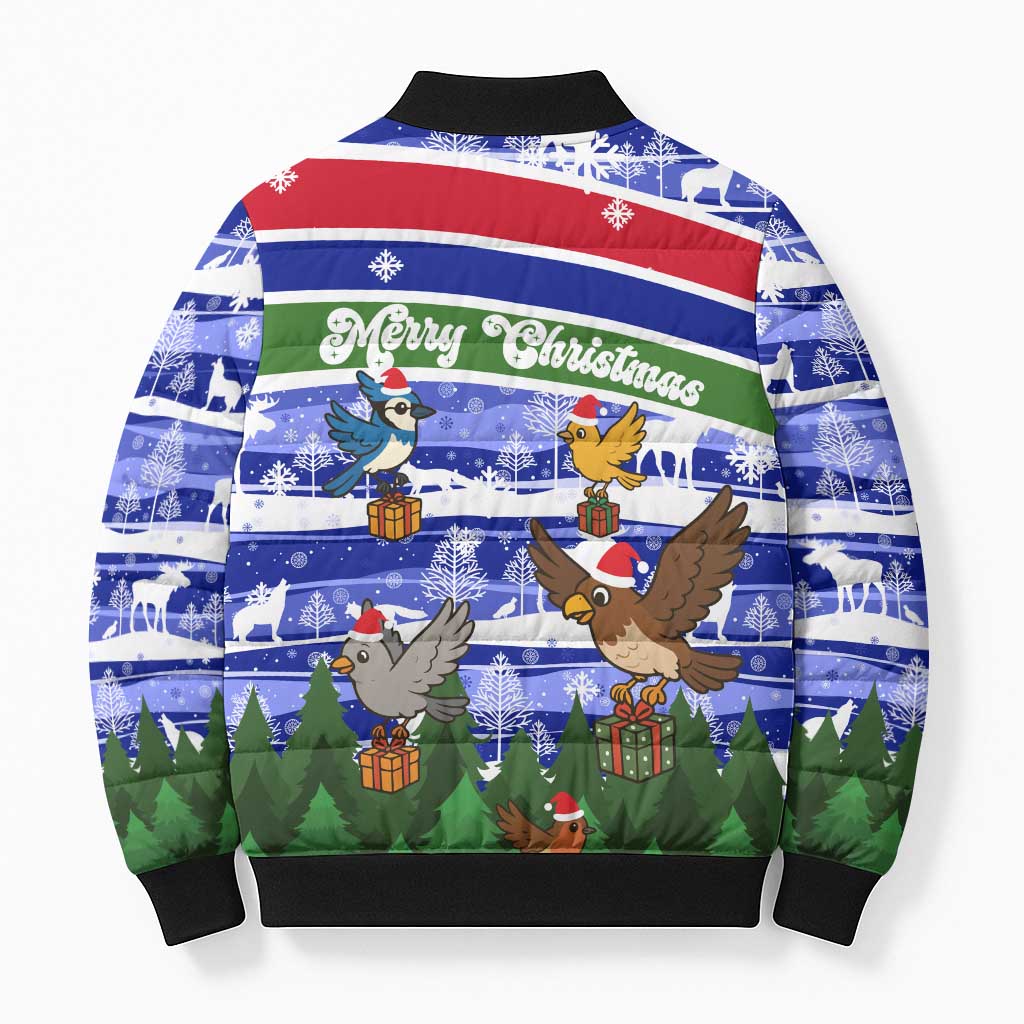 Gambia Christmas Bomber Puffer Jacket with Santa Birds Gift Boxes Forest Scene and Snowflake Pattern Design - Wonder Print Shop