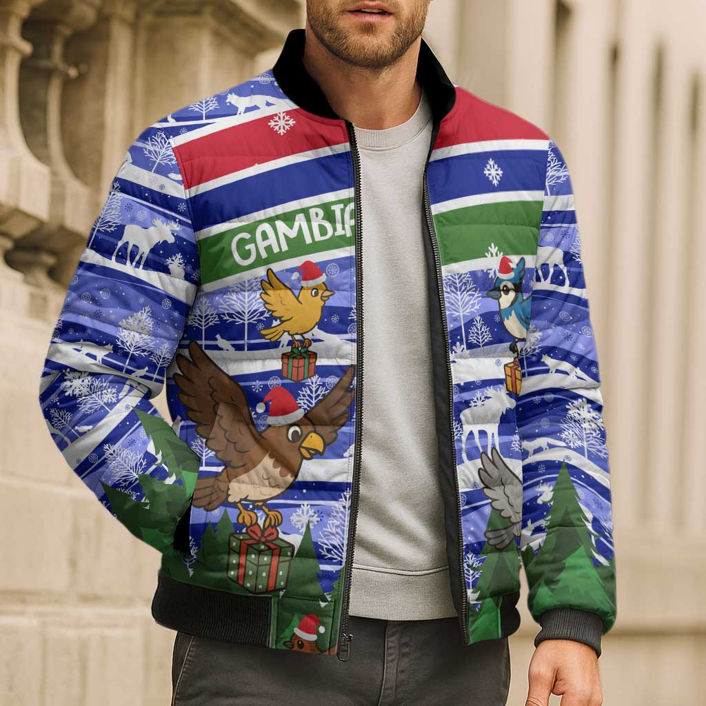 Gambia Christmas Bomber Puffer Jacket with Santa Birds Gift Boxes Forest Scene and Snowflake Pattern Design - Wonder Print Shop