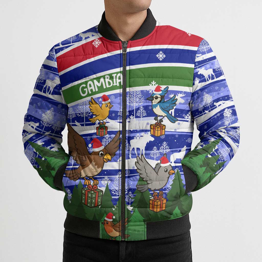 Gambia Christmas Bomber Puffer Jacket with Santa Birds Gift Boxes Forest Scene and Snowflake Pattern Design - Wonder Print Shop