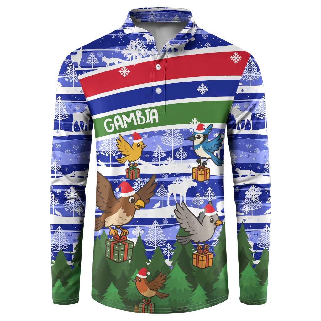 Gambia Christmas Button Sweatshirt with Santa Birds Gift Boxes Forest Scene and Snowflake Pattern Design - Wonder Print Shop