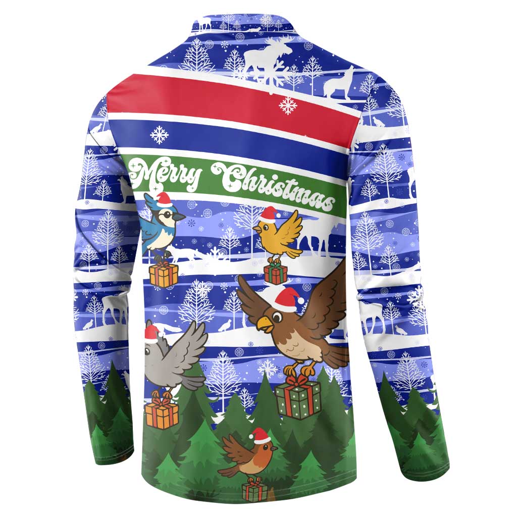 Gambia Christmas Button Sweatshirt with Santa Birds Gift Boxes Forest Scene and Snowflake Pattern Design - Wonder Print Shop