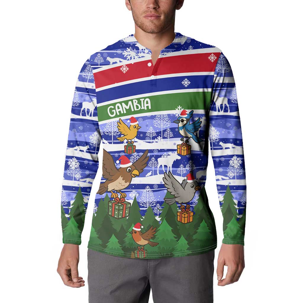 Gambia Christmas Button Sweatshirt with Santa Birds Gift Boxes Forest Scene and Snowflake Pattern Design - Wonder Print Shop