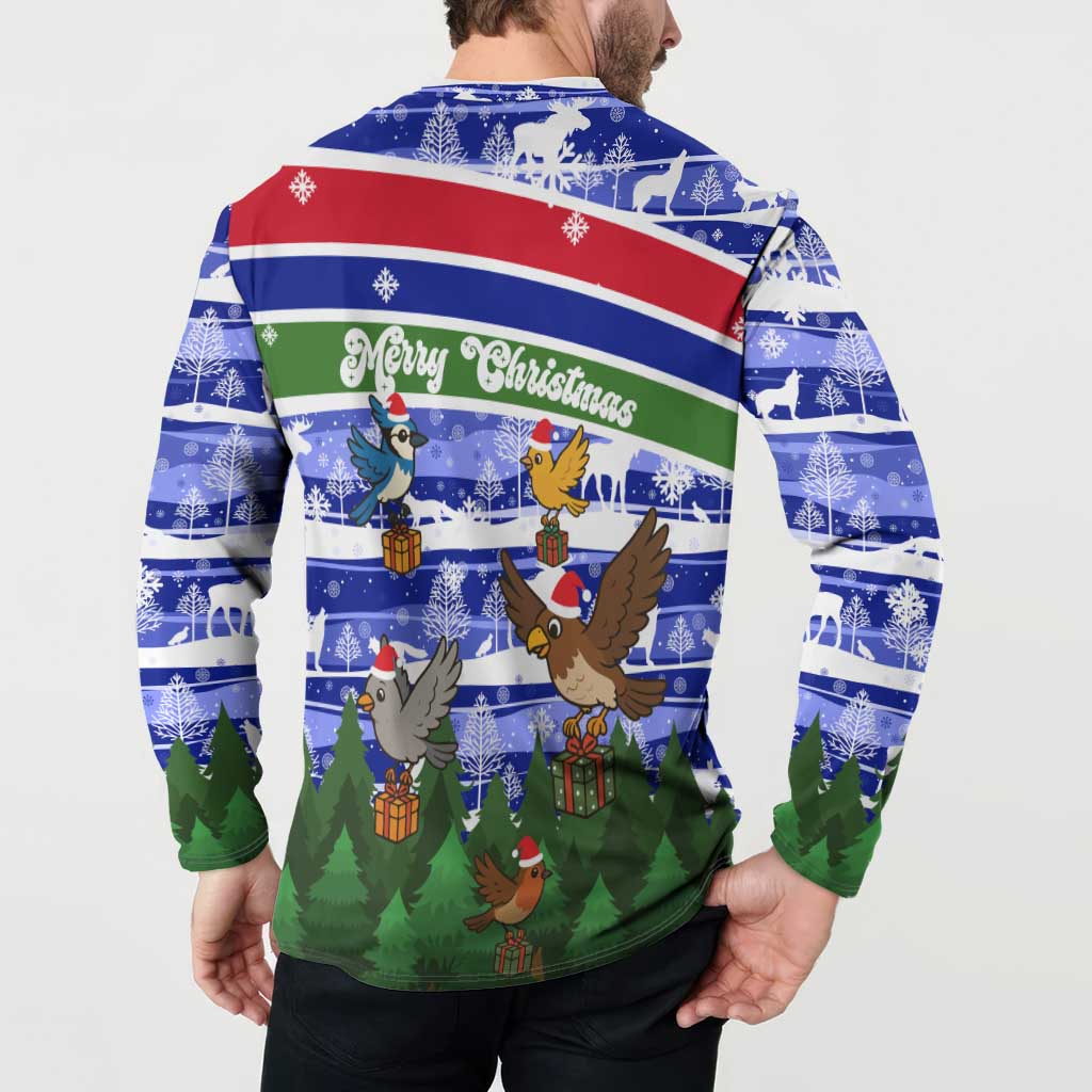 Gambia Christmas Button Sweatshirt with Santa Birds Gift Boxes Forest Scene and Snowflake Pattern Design - Wonder Print Shop