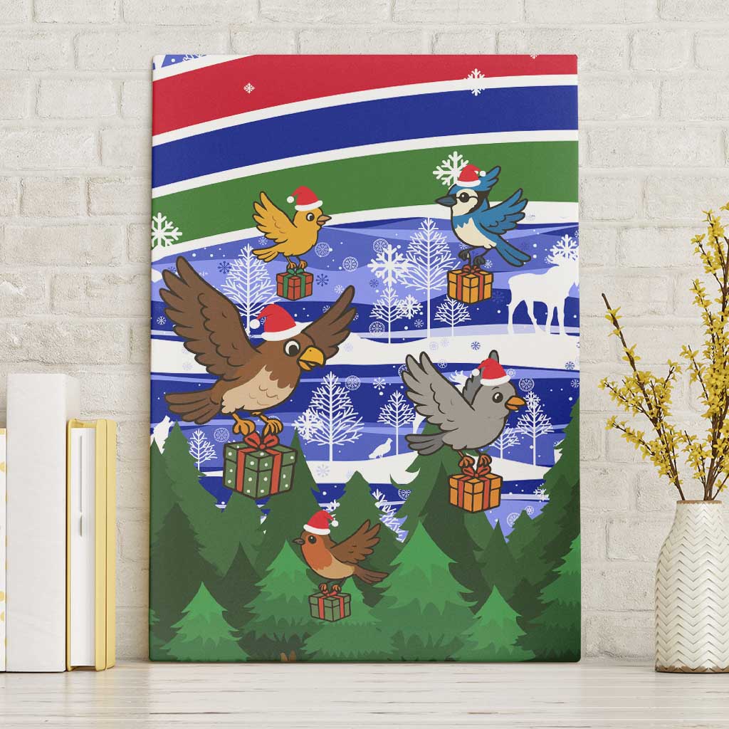 Gambia Christmas Canvas Wall Art with Santa Birds Gift Boxes Forest Scene and Snowflake Pattern Design - Wonder Print Shop