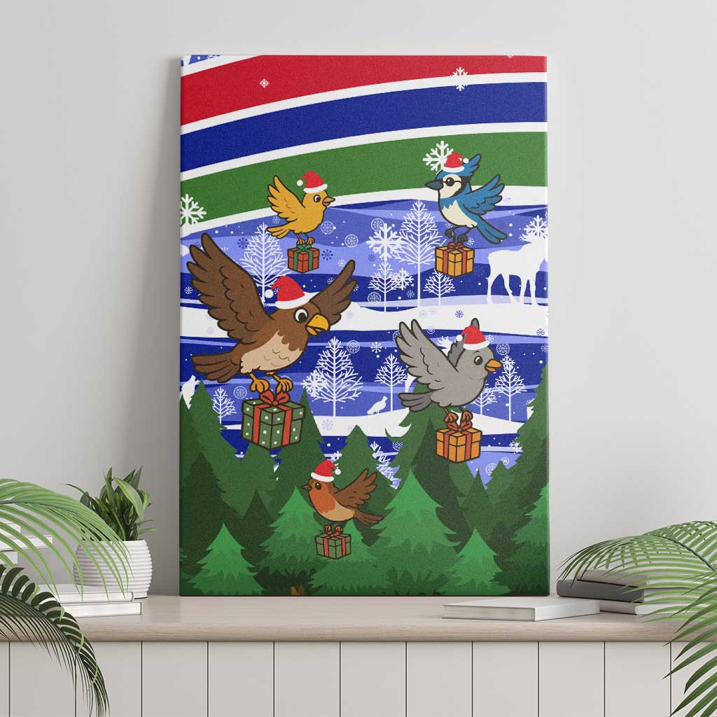 Gambia Christmas Canvas Wall Art with Santa Birds Gift Boxes Forest Scene and Snowflake Pattern Design - Wonder Print Shop