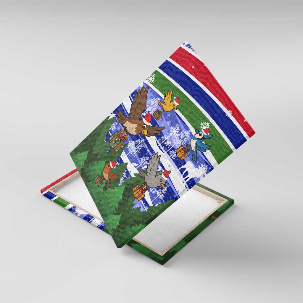 Gambia Christmas Canvas Wall Art with Santa Birds Gift Boxes Forest Scene and Snowflake Pattern Design - Wonder Print Shop