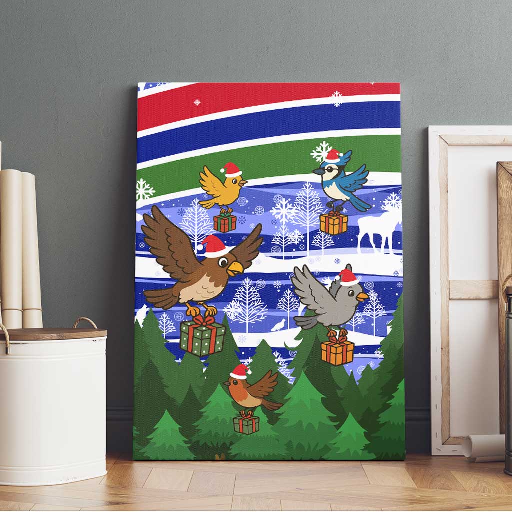 Gambia Christmas Canvas Wall Art with Santa Birds Gift Boxes Forest Scene and Snowflake Pattern Design - Wonder Print Shop