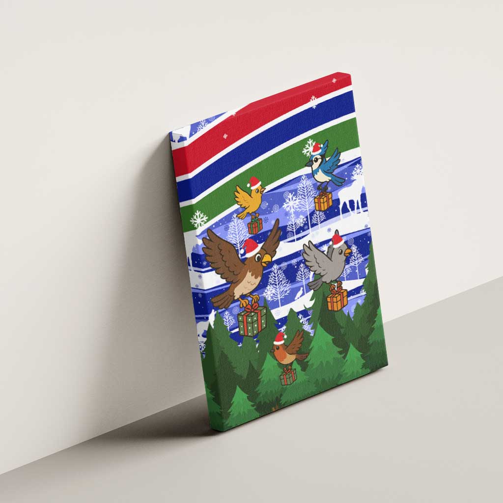 Gambia Christmas Canvas Wall Art with Santa Birds Gift Boxes Forest Scene and Snowflake Pattern Design - Wonder Print Shop