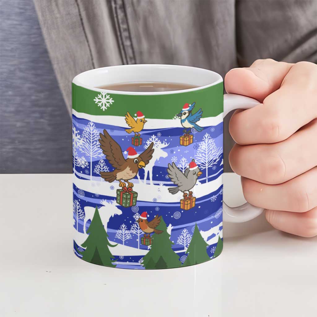 Gambia Christmas Ceramic Mug with Santa Birds Gift Boxes Forest Scene and Snowflake Pattern Design - Wonder Print Shop