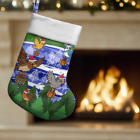 Gambia Christmas Stocking with Santa Birds Gift Boxes Forest Scene and Snowflake Pattern Design - Wonder Print Shop