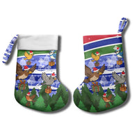 Gambia Christmas Stocking with Santa Birds Gift Boxes Forest Scene and Snowflake Pattern Design - Wonder Print Shop