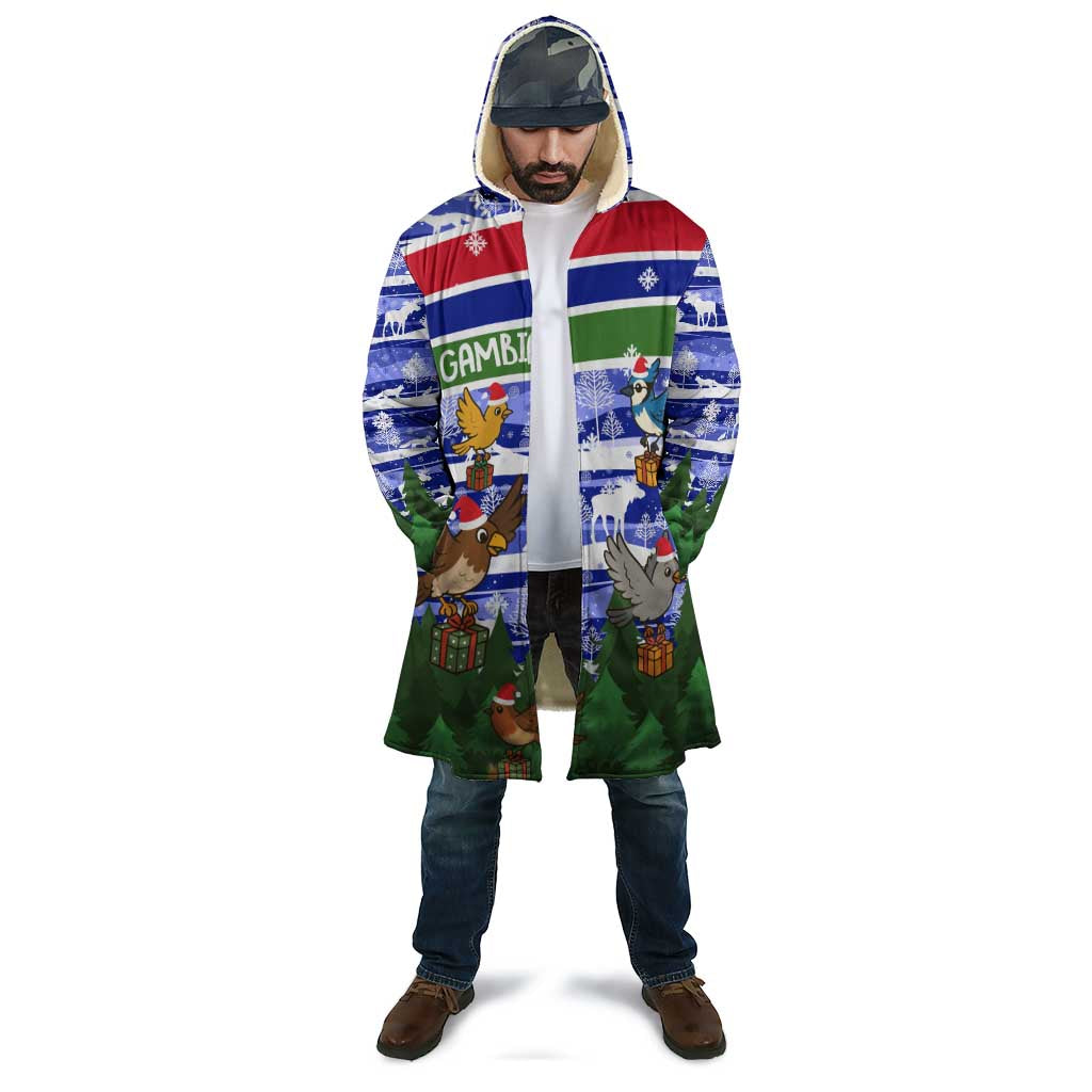 Gambia Christmas Cloak with Santa Birds Gift Boxes Forest Scene and Snowflake Pattern Design - Wonder Print Shop