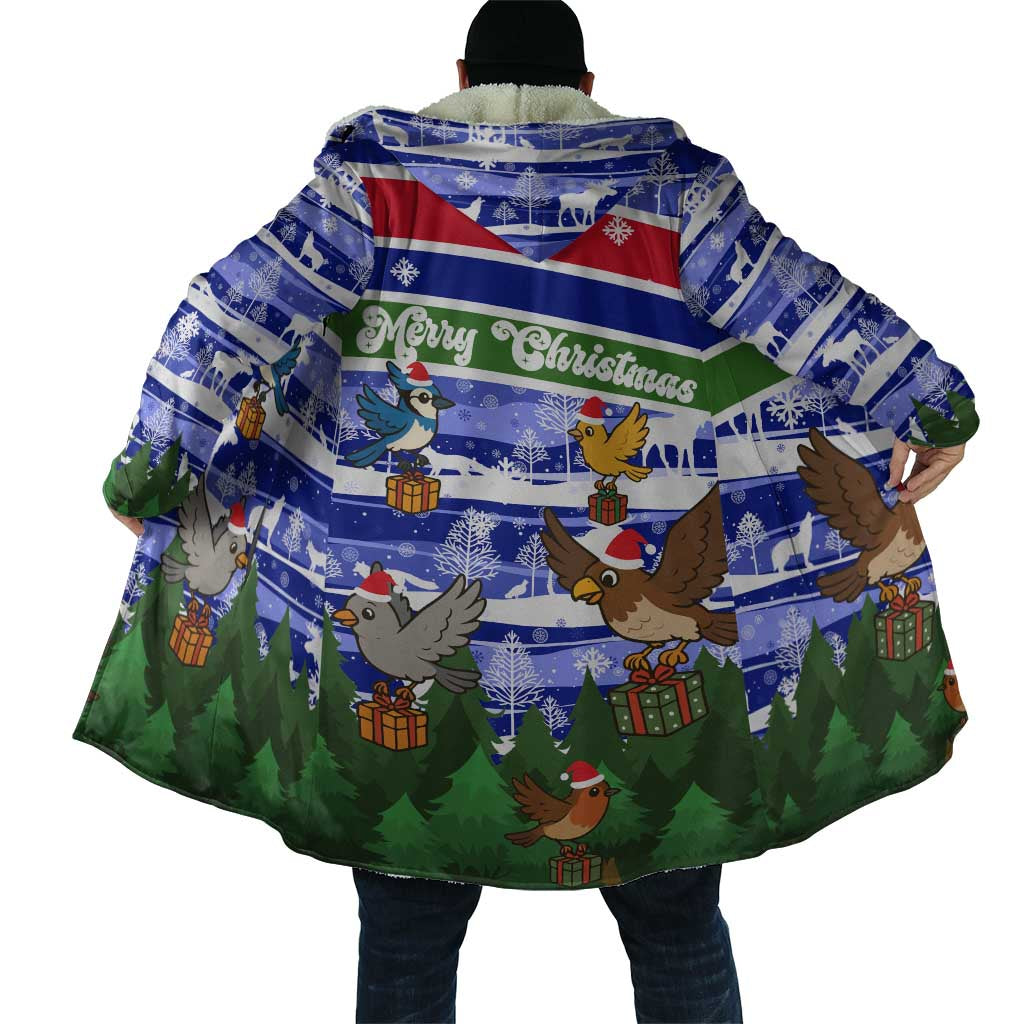 Gambia Christmas Cloak with Santa Birds Gift Boxes Forest Scene and Snowflake Pattern Design - Wonder Print Shop