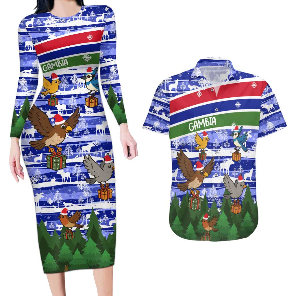 Gambia Christmas Couples Matching Long Sleeve Bodycon Dress and Hawaiian Shirt with Santa Birds Gift Boxes Forest Scene and Snowflake Pattern Design - Wonder Print Shop