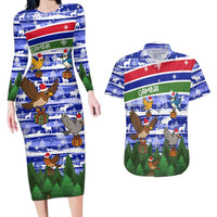 Gambia Christmas Couples Matching Long Sleeve Bodycon Dress and Hawaiian Shirt with Santa Birds Gift Boxes Forest Scene and Snowflake Pattern Design - Wonder Print Shop