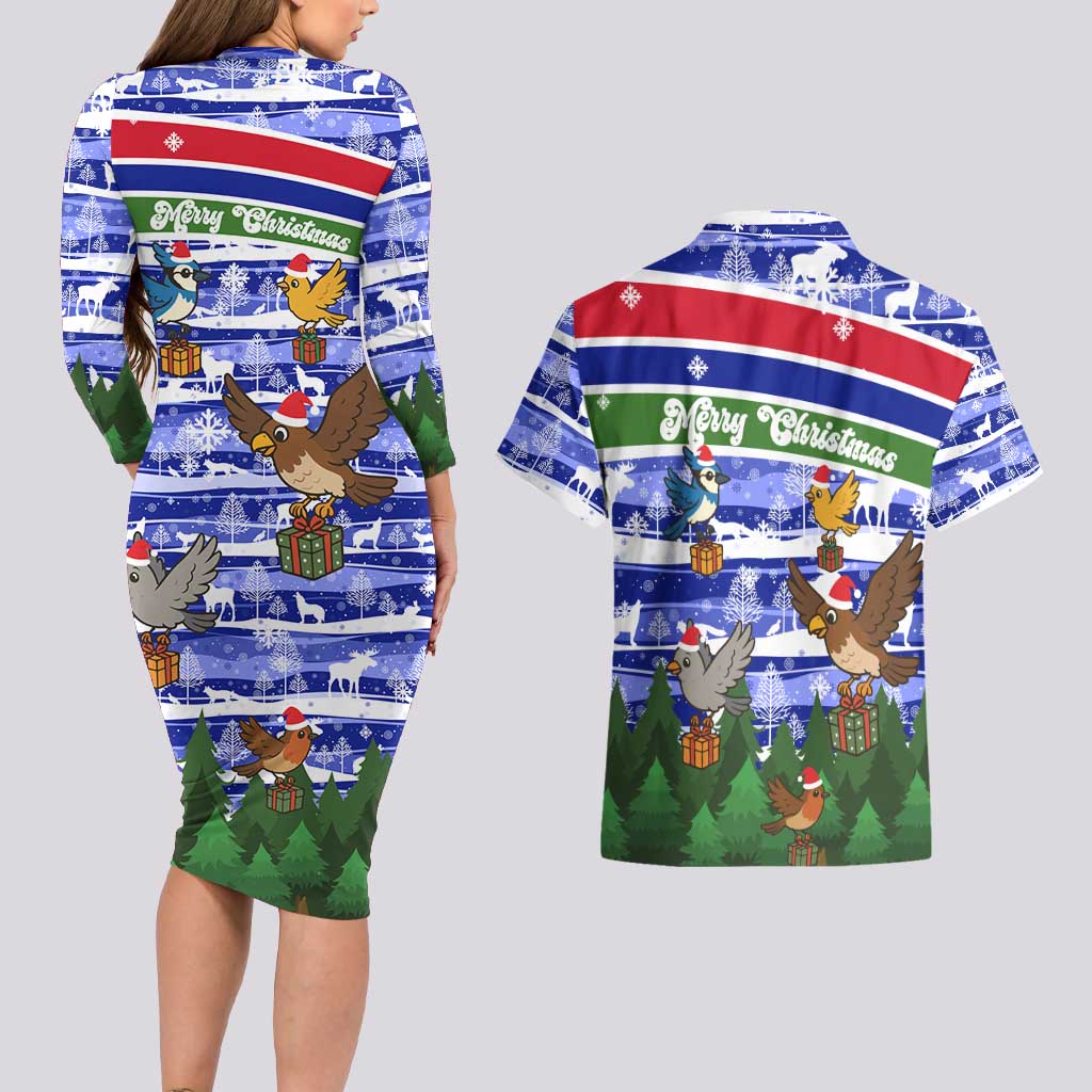 Gambia Christmas Couples Matching Long Sleeve Bodycon Dress and Hawaiian Shirt with Santa Birds Gift Boxes Forest Scene and Snowflake Pattern Design - Wonder Print Shop