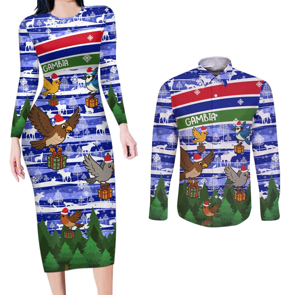 Gambia Christmas Couples Matching Long Sleeve Bodycon Dress and Long Sleeve Button Shirt with Santa Birds Gift Boxes Forest Scene and Snowflake Pattern Design - Wonder Print Shop