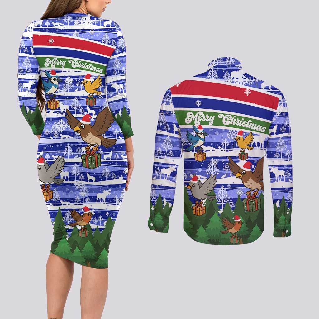 Gambia Christmas Couples Matching Long Sleeve Bodycon Dress and Long Sleeve Button Shirt with Santa Birds Gift Boxes Forest Scene and Snowflake Pattern Design - Wonder Print Shop
