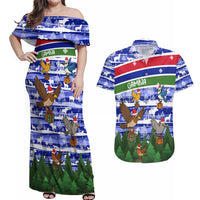 Gambia Christmas Couples Matching Off Shoulder Maxi Dress and Hawaiian Shirt with Santa Birds Gift Boxes Forest Scene and Snowflake Pattern Design - Wonder Print Shop