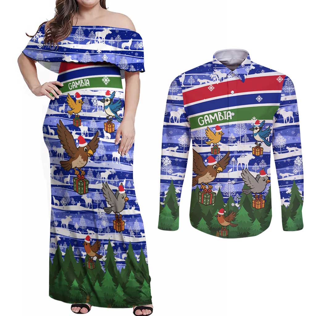 Gambia Christmas Couples Matching Off Shoulder Maxi Dress and Long Sleeve Button Shirt with Santa Birds Gift Boxes Forest Scene and Snowflake Pattern Design - Wonder Print Shop