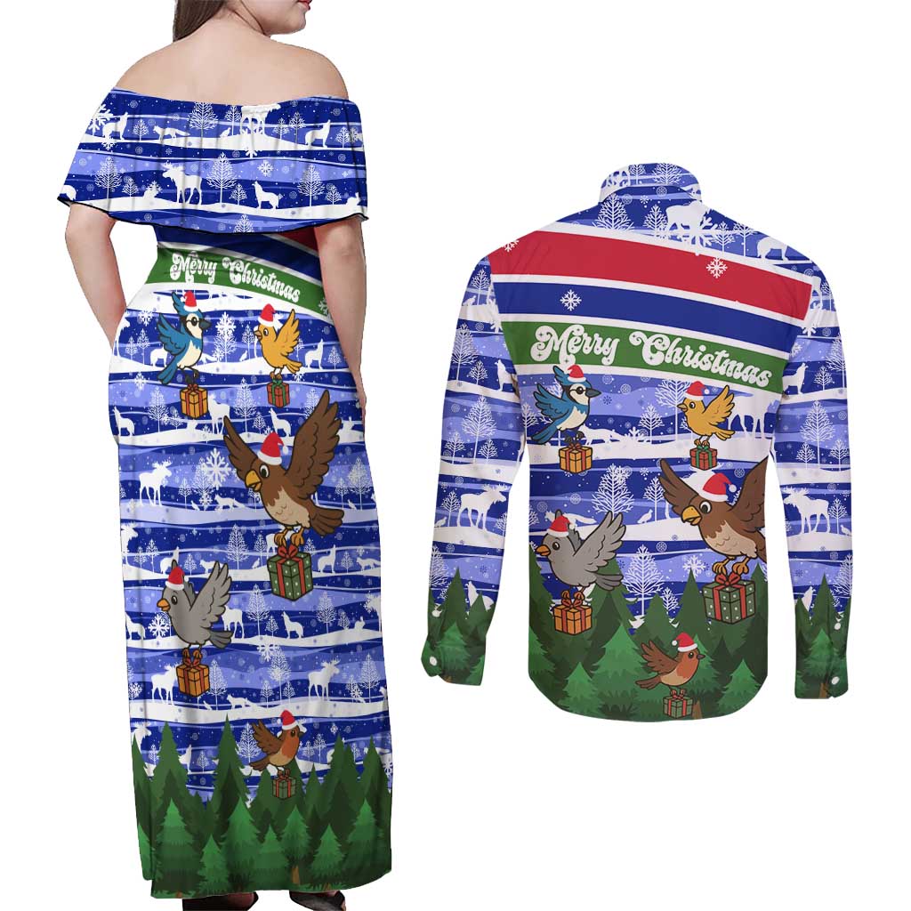 Gambia Christmas Couples Matching Off Shoulder Maxi Dress and Long Sleeve Button Shirt with Santa Birds Gift Boxes Forest Scene and Snowflake Pattern Design - Wonder Print Shop