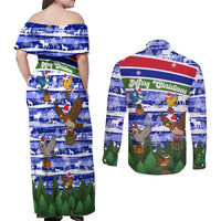 Gambia Christmas Couples Matching Off Shoulder Maxi Dress and Long Sleeve Button Shirt with Santa Birds Gift Boxes Forest Scene and Snowflake Pattern Design - Wonder Print Shop