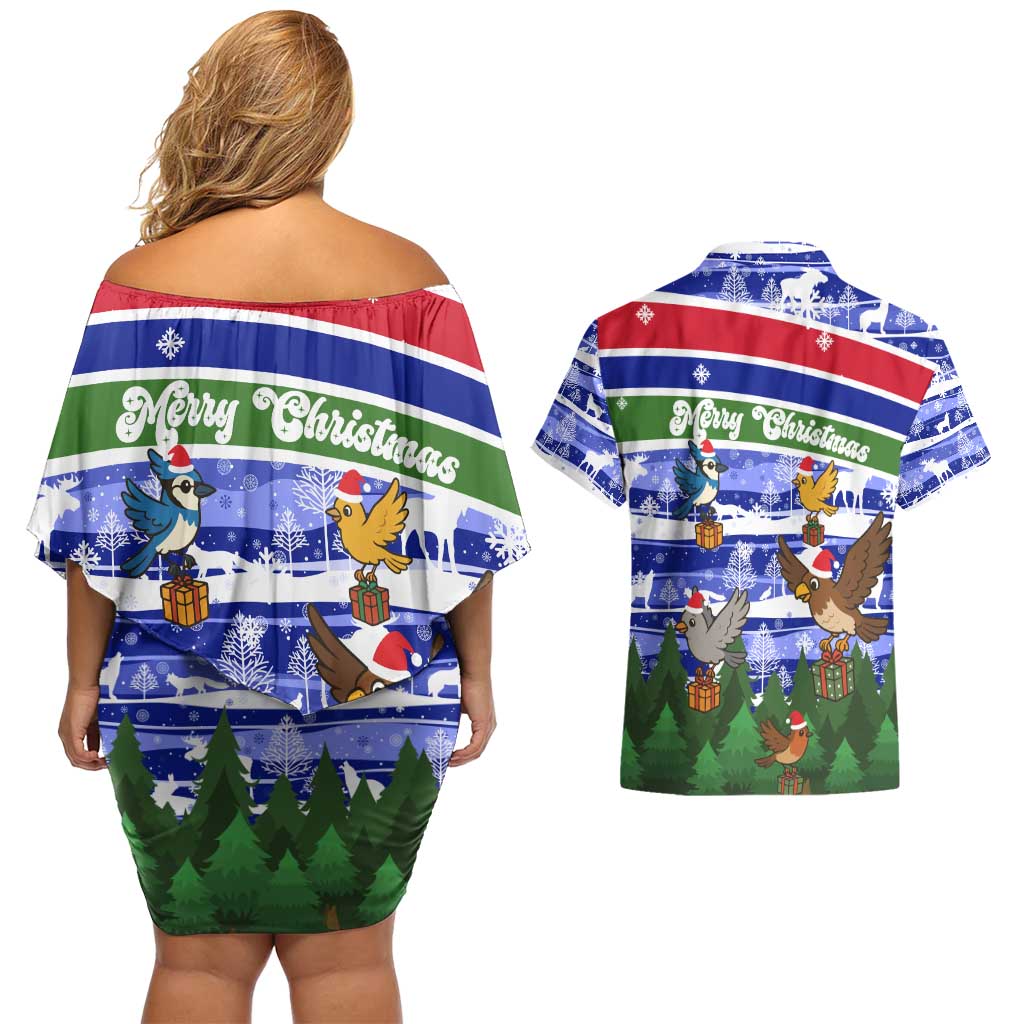 Gambia Christmas Couples Matching Off Shoulder Short Dress and Hawaiian Shirt with Santa Birds Gift Boxes Forest Scene and Snowflake Pattern Design - Wonder Print Shop