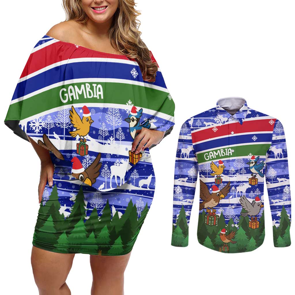 Gambia Christmas Couples Matching Off Shoulder Short Dress and Long Sleeve Button Shirt with Santa Birds Gift Boxes Forest Scene and Snowflake Pattern Design - Wonder Print Shop