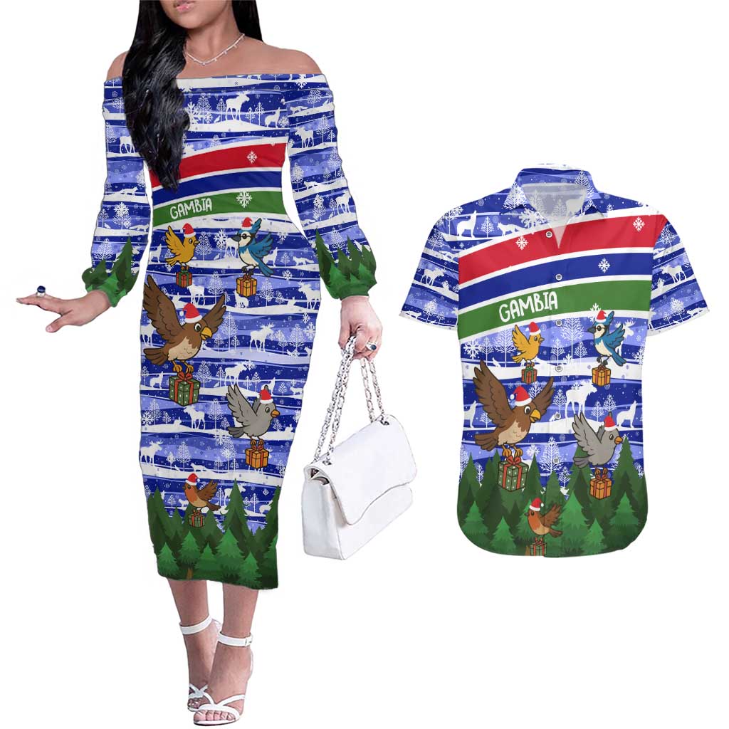 Gambia Christmas Couples Matching Off The Shoulder Long Sleeve Dress and Hawaiian Shirt with Santa Birds Gift Boxes Forest Scene and Snowflake Pattern Design - Wonder Print Shop