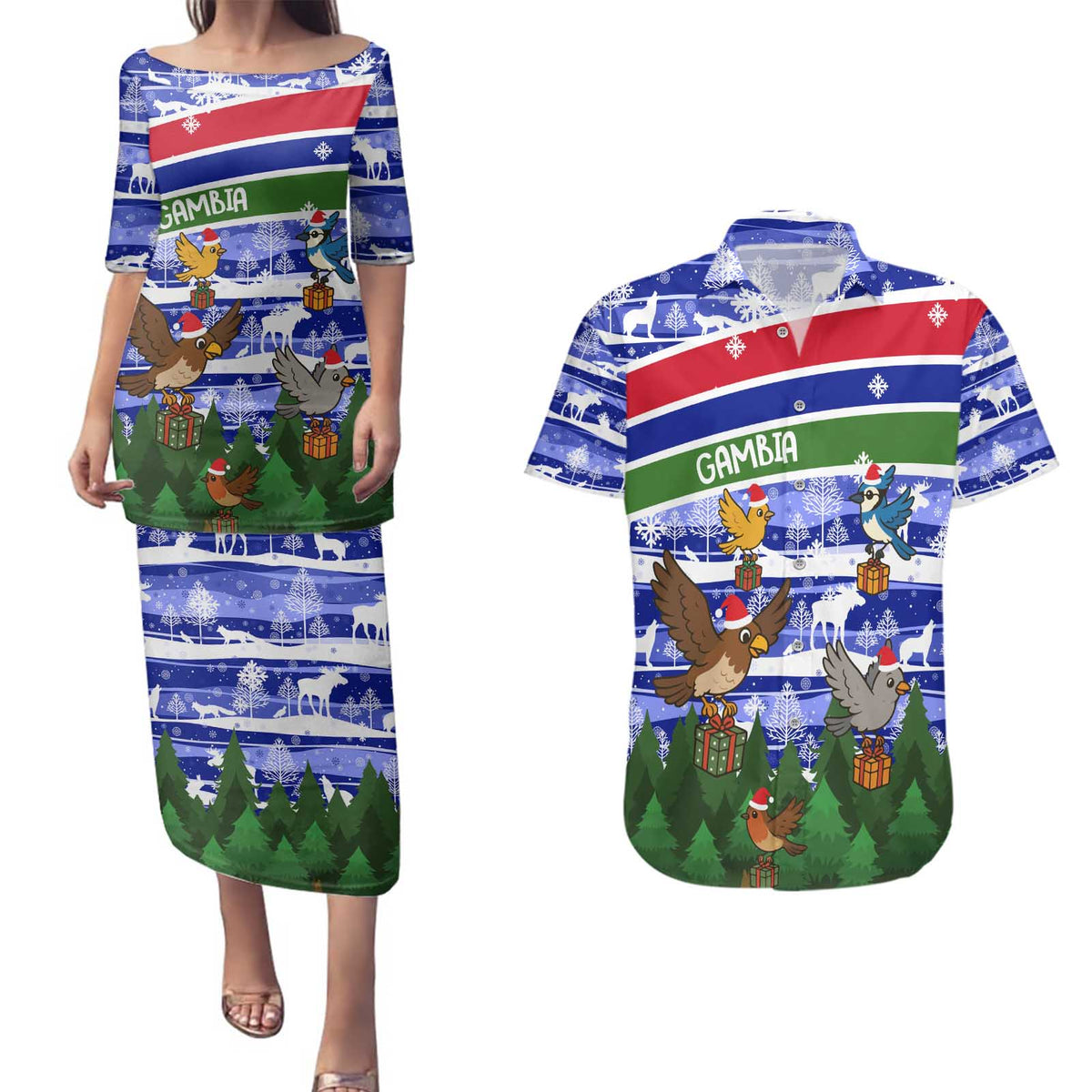 Gambia Christmas Couples Matching Puletasi and Hawaiian Shirt with Santa Birds Gift Boxes Forest Scene and Snowflake Pattern Design - Wonder Print Shop