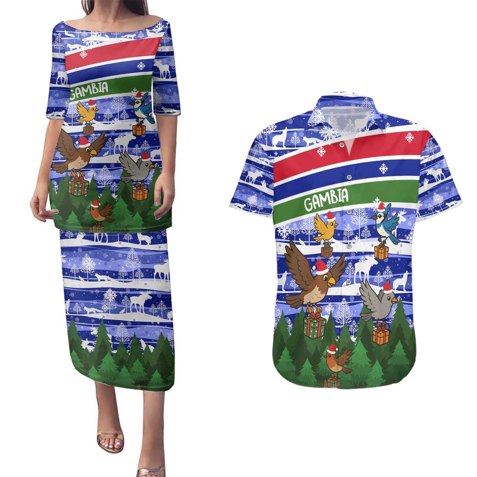 Gambia Christmas Couples Matching Puletasi and Hawaiian Shirt with Santa Birds Gift Boxes Forest Scene and Snowflake Pattern Design - Wonder Print Shop