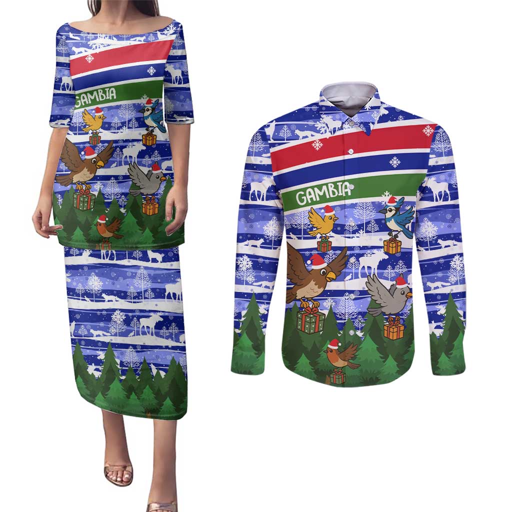 Gambia Christmas Couples Matching Puletasi and Long Sleeve Button Shirt with Santa Birds Gift Boxes Forest Scene and Snowflake Pattern Design - Wonder Print Shop
