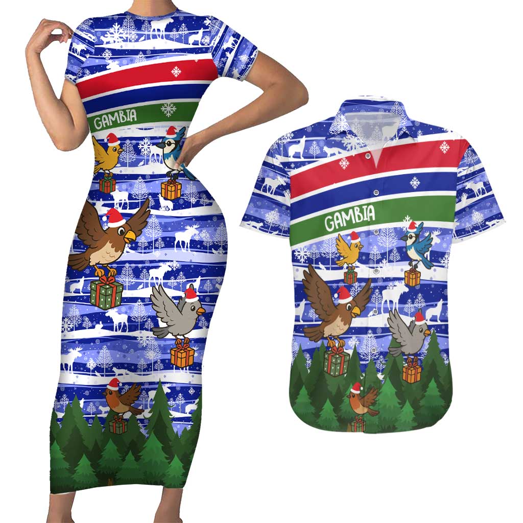 Gambia Christmas Couples Matching Short Sleeve Bodycon Dress and Hawaiian Shirt with Santa Birds Gift Boxes Forest Scene and Snowflake Pattern Design - Wonder Print Shop