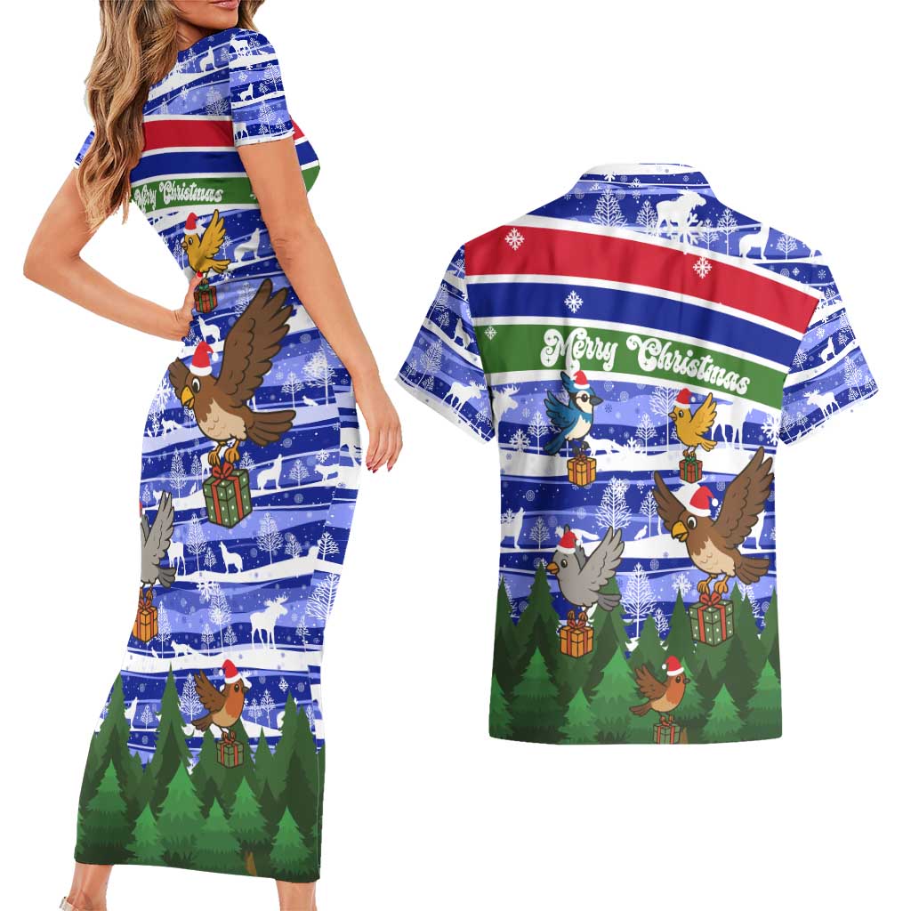 Gambia Christmas Couples Matching Short Sleeve Bodycon Dress and Hawaiian Shirt with Santa Birds Gift Boxes Forest Scene and Snowflake Pattern Design - Wonder Print Shop