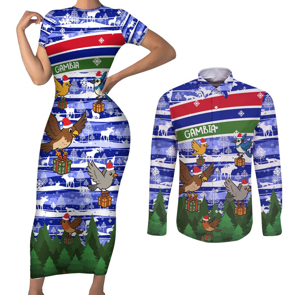 Gambia Christmas Couples Matching Short Sleeve Bodycon Dress and Long Sleeve Button Shirt with Santa Birds Gift Boxes Forest Scene and Snowflake Pattern Design - Wonder Print Shop