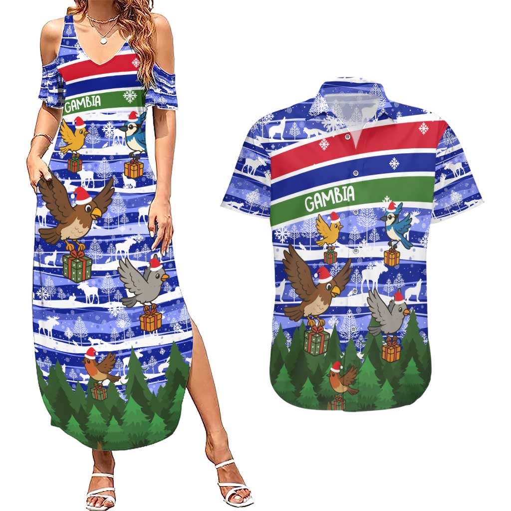 Gambia Christmas Couples Matching Summer Maxi Dress and Hawaiian Shirt with Santa Birds Gift Boxes Forest Scene and Snowflake Pattern Design - Wonder Print Shop